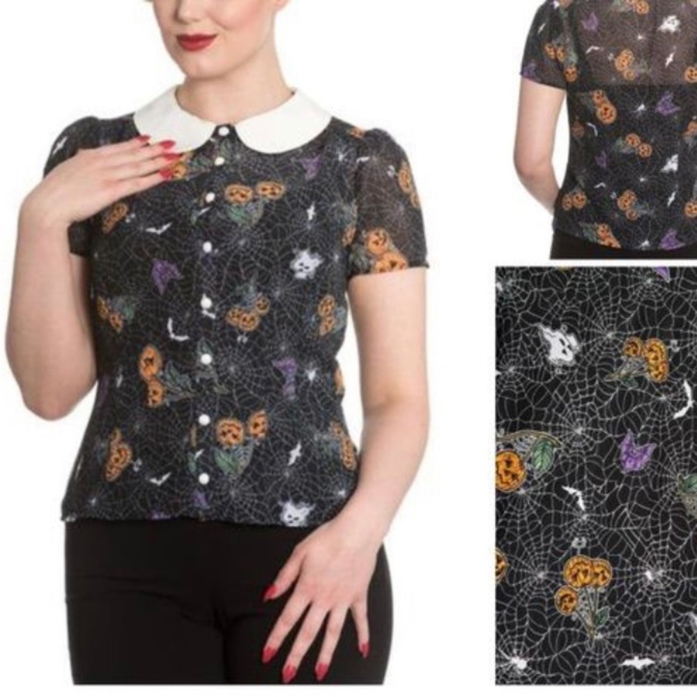 Hell Bunny Black Halloween Spiderweb Pumpkin Peter Pan Collar Blouse
